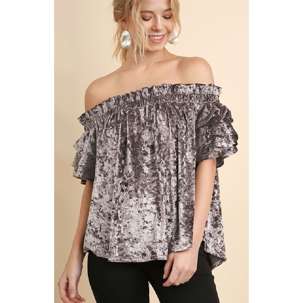 New UMGEE S 4 6 Titanium  Metallic Panne Velvet Off Shoulder Top Ruffle Sleeve